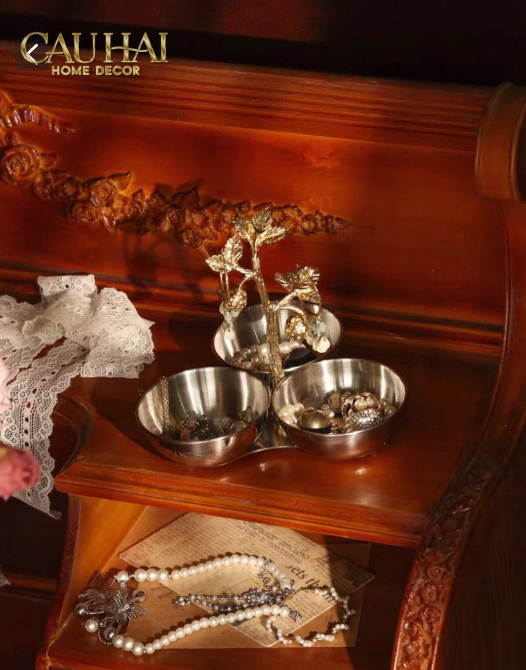 Đĩa Trái Cây 3 Ngăn Golden Elysian Spring Branch Triptyque Serving Dish 14.5x16.5-CẬU HAI HOME DECOR