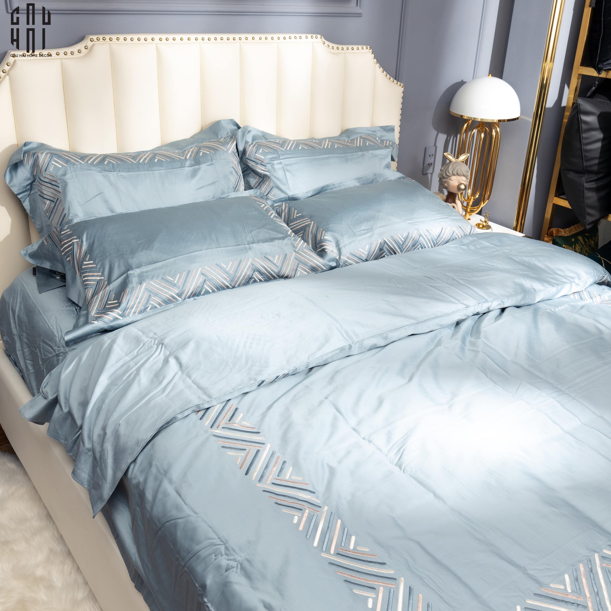EATON BLUE PREMIUM SILK BEDDING SET-CẬU HAI HOME DECOR