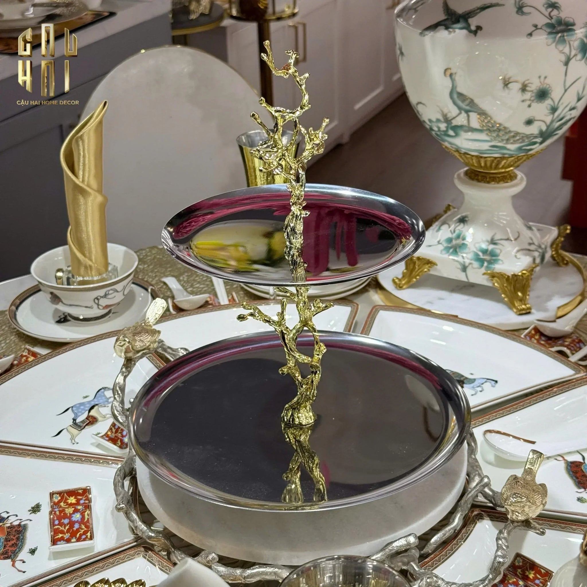 Elysian Couture - Đĩa 2 Tầng Platinum Elysian Branch Étagère 28x35-Đĩa Trái Cây-CẬU HAI HOME DECOR