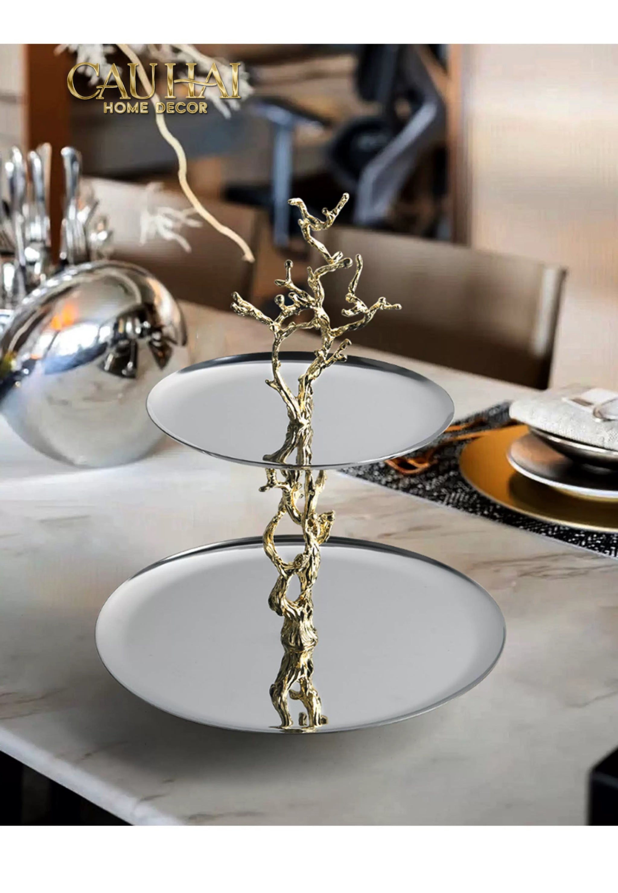 Elysian Couture - Đĩa 2 Tầng Platinum Elysian Branch Étagère 28x35-CẬU HAI HOME DECOR