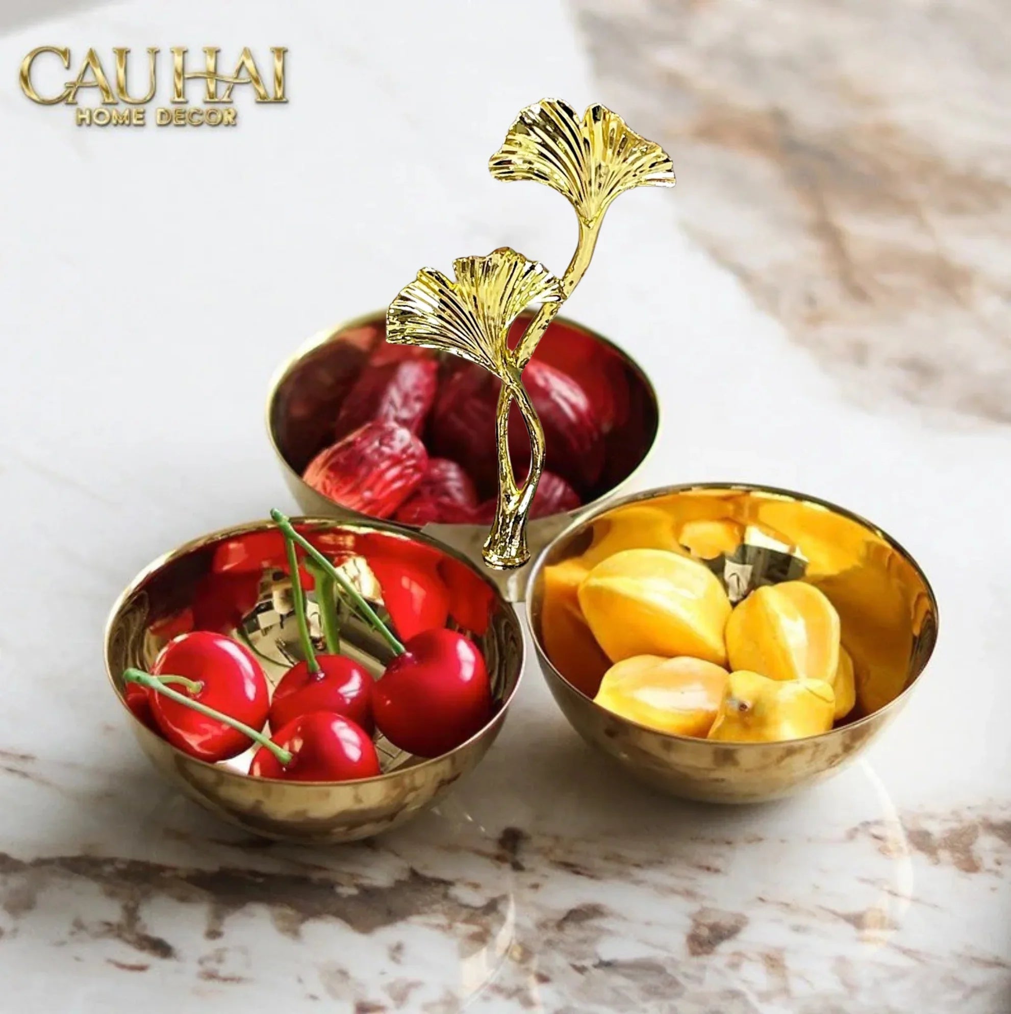 Elysian Couture - Đĩa Trái Cây 3 Ngăn Triptyque Golden Branch Ginkgo Trois Éclat-Đĩa Trái Cây-CẬU HAI HOME DECOR