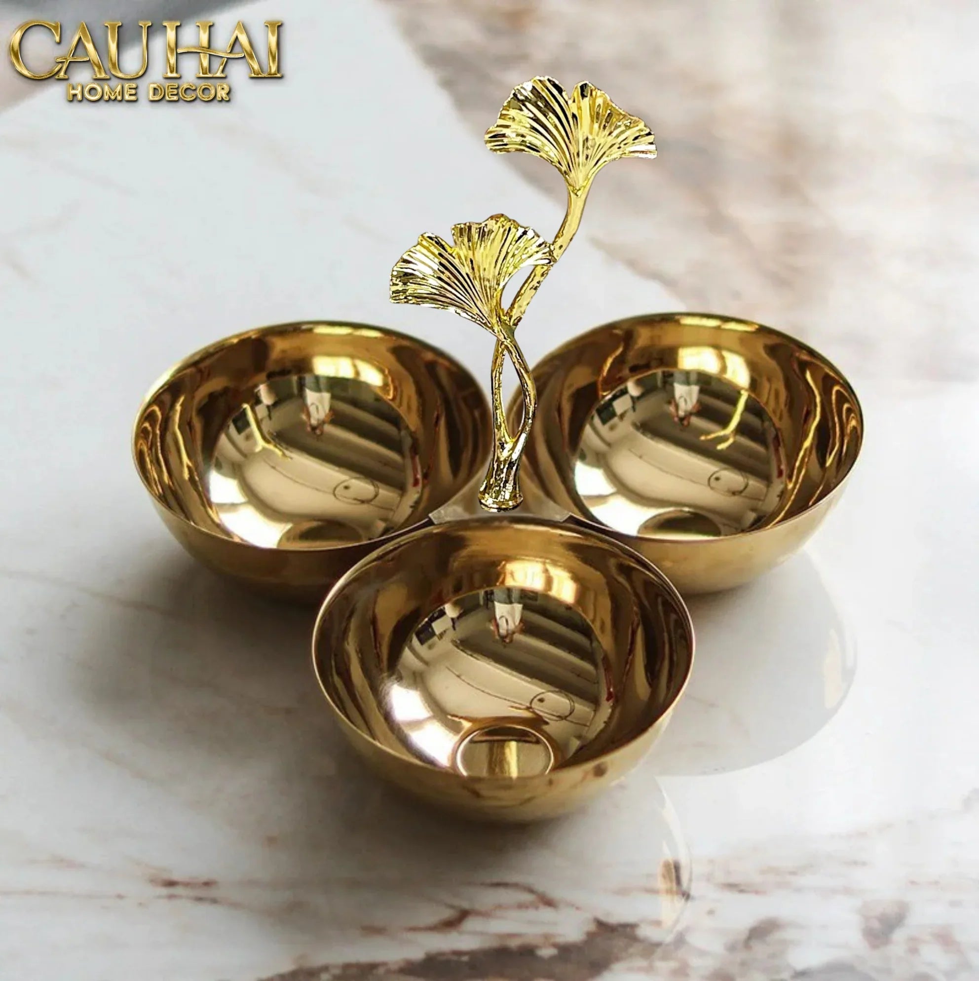 Elysian Couture - Đĩa Trái Cây 3 Ngăn Triptyque Golden Branch Ginkgo Trois Éclat-CẬU HAI HOME DECOR