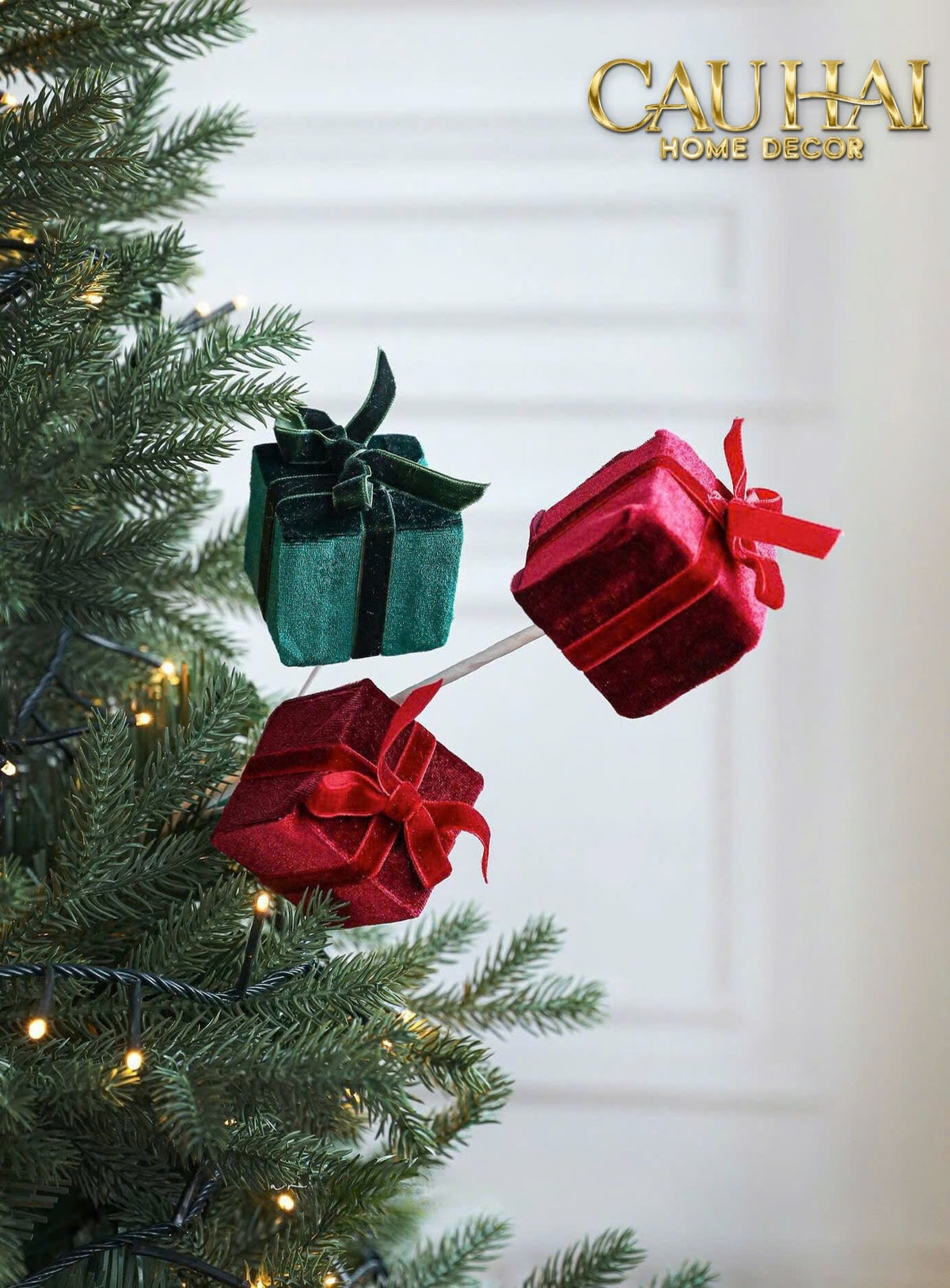 Fêtes Couture - Cành Hộp Quà Bọc Nhung - Emerald Gift Velvet-Hoa Lụa-CẬU HAI HOME DECOR