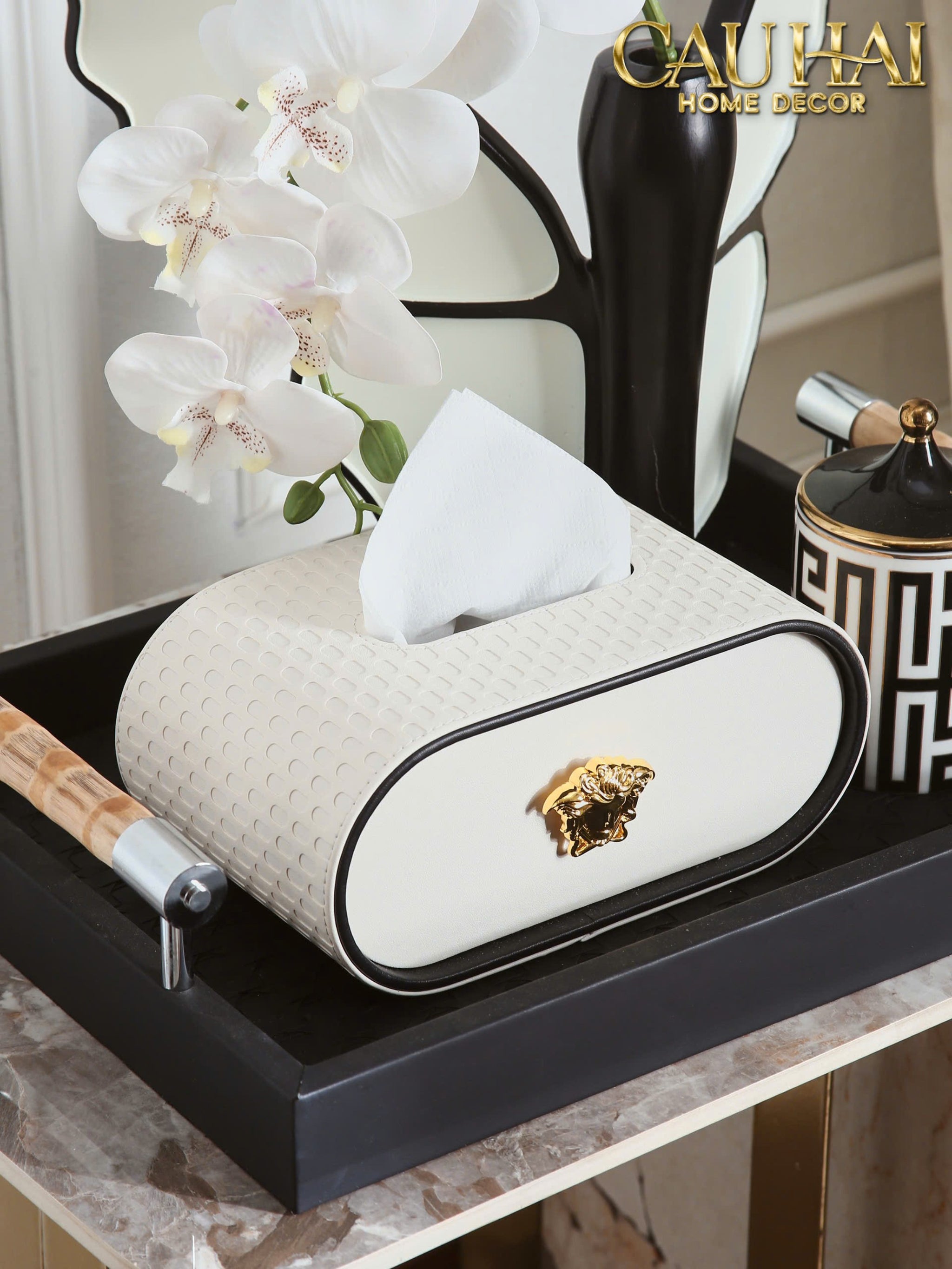 Hộp Khăn Giấy Blanc Leather Orbit Opaline Medusa Édition-CẬU HAI HOME DECOR