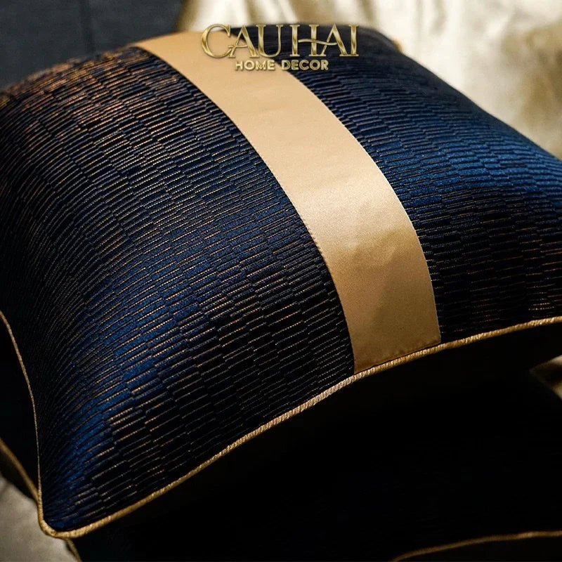 Gối Lụa Jacquard Navy Sovereign Golden Lignes 30X50-CẬU HAI HOME DECOR