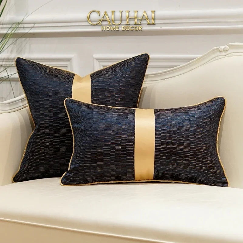 Gối Lụa Jacquard Navy Sovereign Golden Lignes 30X50-CẬU HAI HOME DECOR