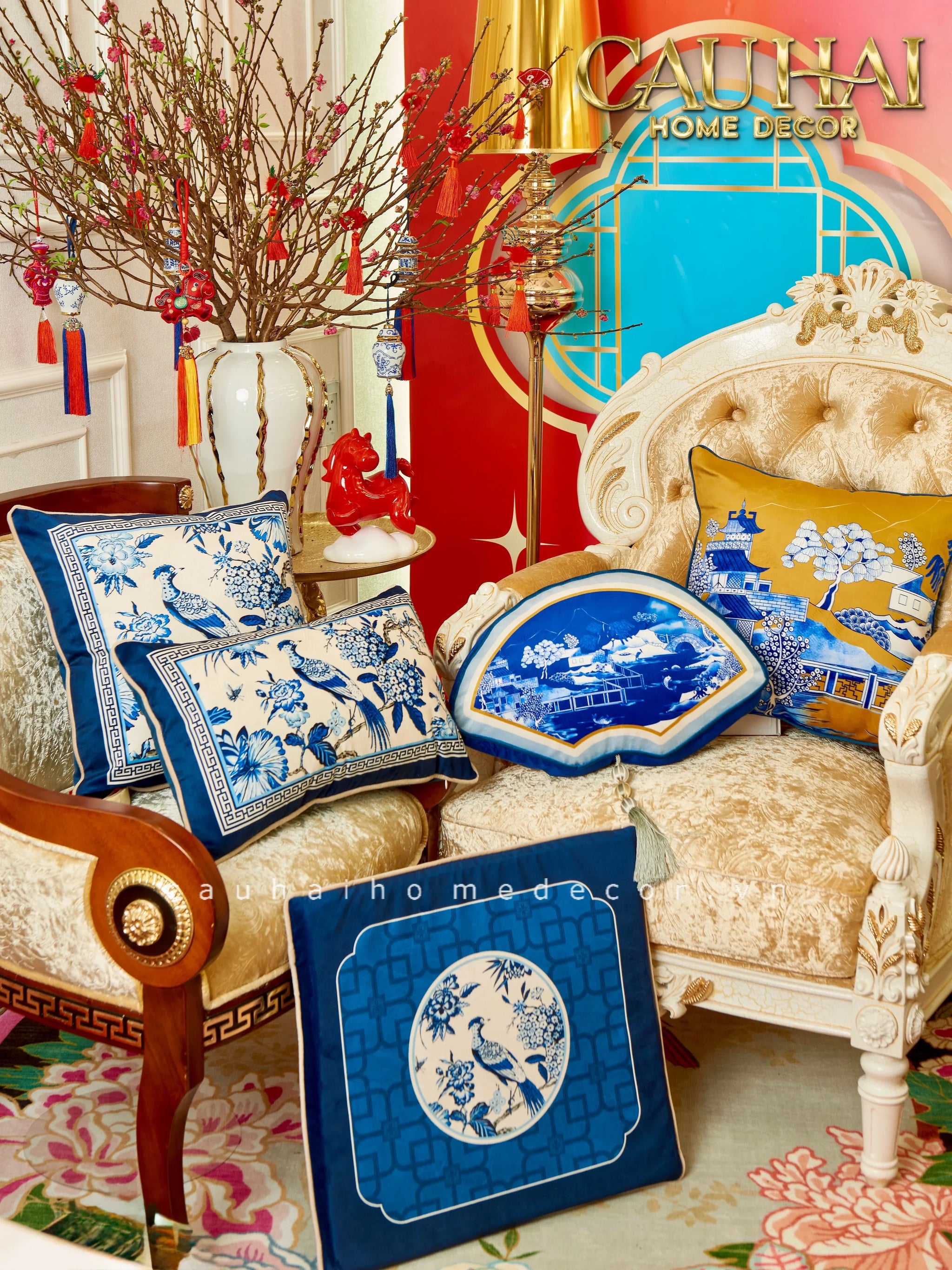 Gối Nhung Quạt IndigoEmperor Fan Indochine Art Cushion-CẬU HAI HOME DECOR