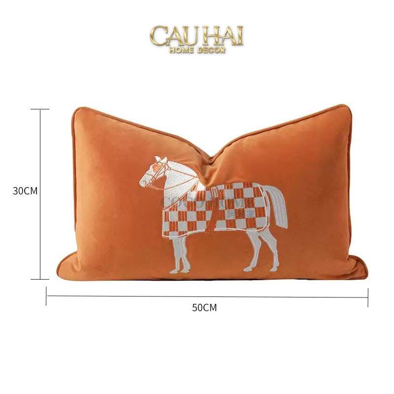 Gối Nhung Thêu Équestre Moderne Cognac Embroidered 30x50-CẬU HAI HOME DECOR