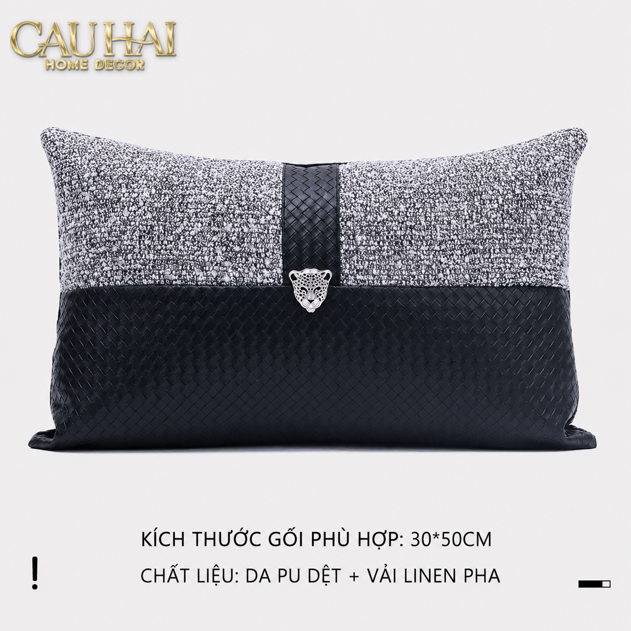 Gối Tweed Leather Midnight Sentinel Panther 30X50-VỎ GỐI-CẬU HAI HOME DECOR