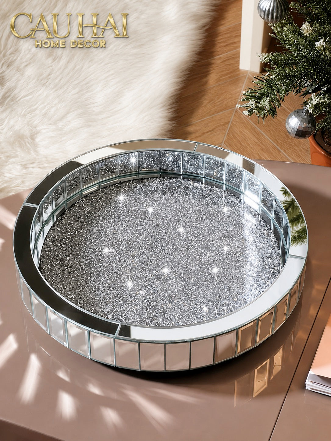 Haute Folie - Khay Gương Tròn Đế Xoay Starlight Mirrored Argenté D30-KHAY TRANG TRÍ-Đối tác tại Trung Quốc theo từng đơn đặt hàng-CẬU HAI HOME DECOR