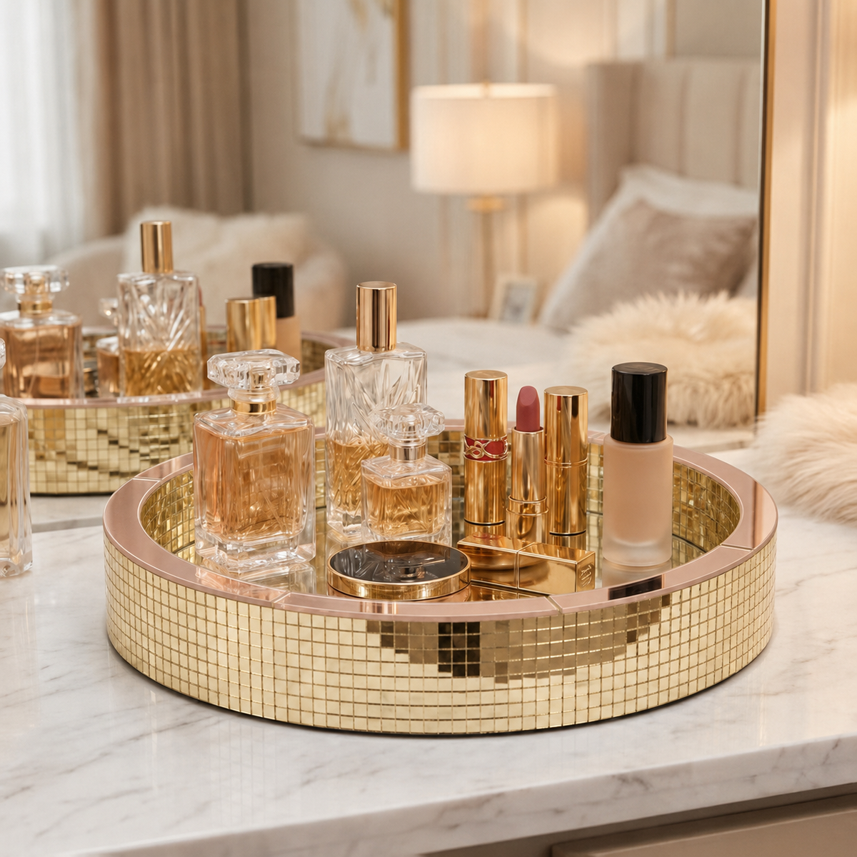 Haute Folie - Khay Gương Tròn Mosaic Gold Viền Rosé D28-CẬU HAI HOME DECOR
