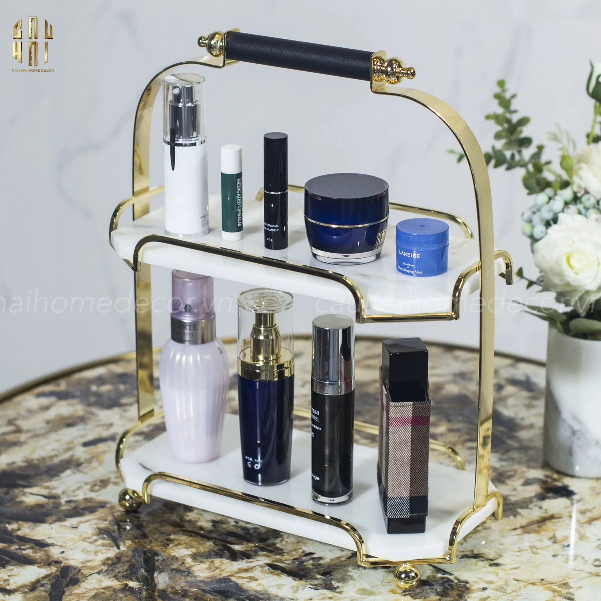 Haute Folie - Khay Kệ Bàn Trang Điểm 2 Tầng Đá Marble Trắng - Manor Tiered Organizers 30x37-KHAY TRANG TRÍ-Đối tác tại Trung Quốc theo từng đơn đặt hàng-CẬU HAI HOME DECOR