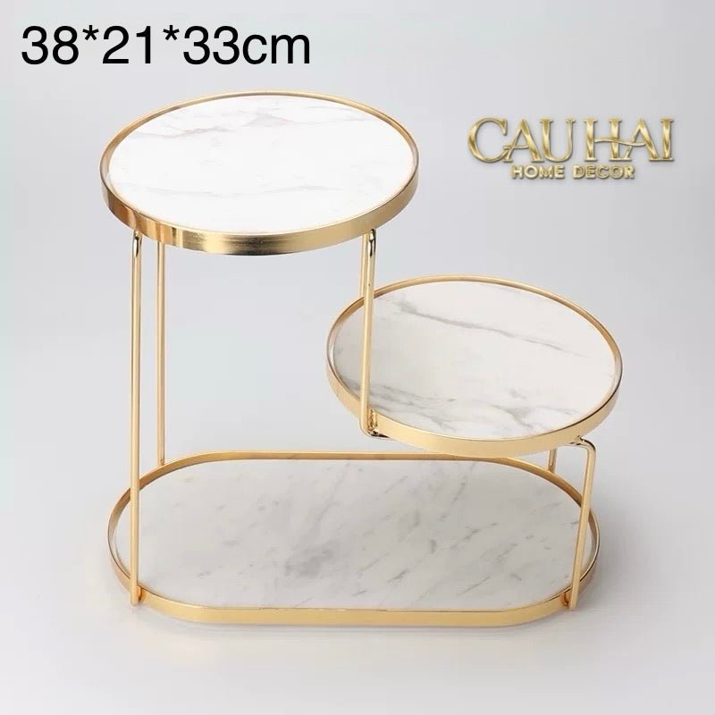 Haute Folie - Khay Kệ Đá Marble Trắng Tròn 2 Tầng Bàn Trang Điểm - New Orion Urban Marble Trays-Khay Kệ Tầng-CẬU HAI HOME DECOR