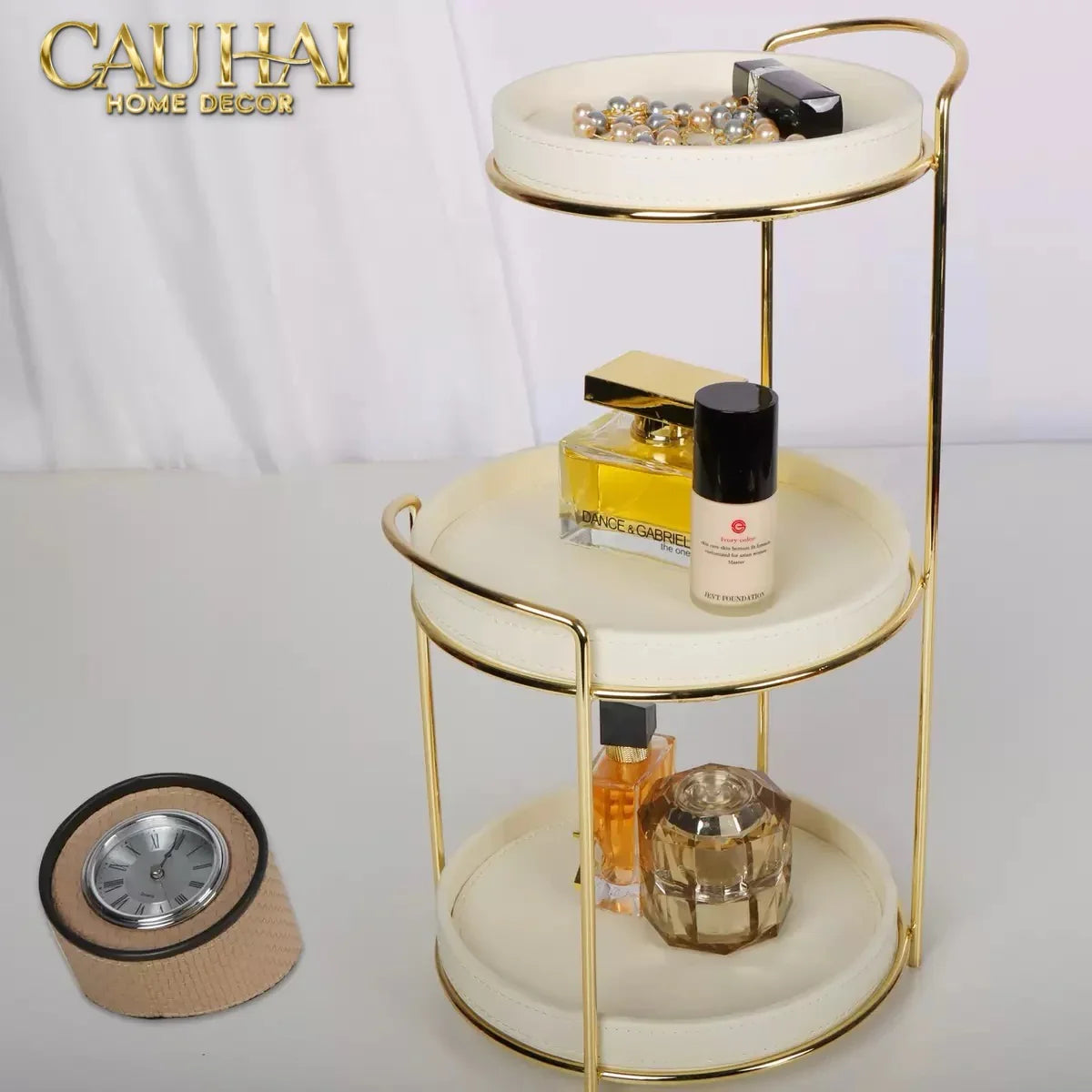Haute Folie - Khay Kệ Mỹ Phẩm Da 3 Tầng Lux Leather Ivoire Beauty Vanity 21x42-KHAY TRANG TRÍ-CẬU HAI HOME DECOR