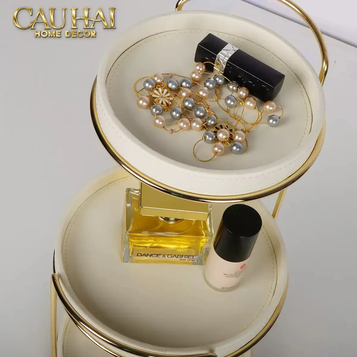 Haute Folie - Khay Kệ Mỹ Phẩm Da 3 Tầng Lux Leather Ivoire Beauty Vanity 21x42-KHAY TRANG TRÍ-CẬU HAI HOME DECOR