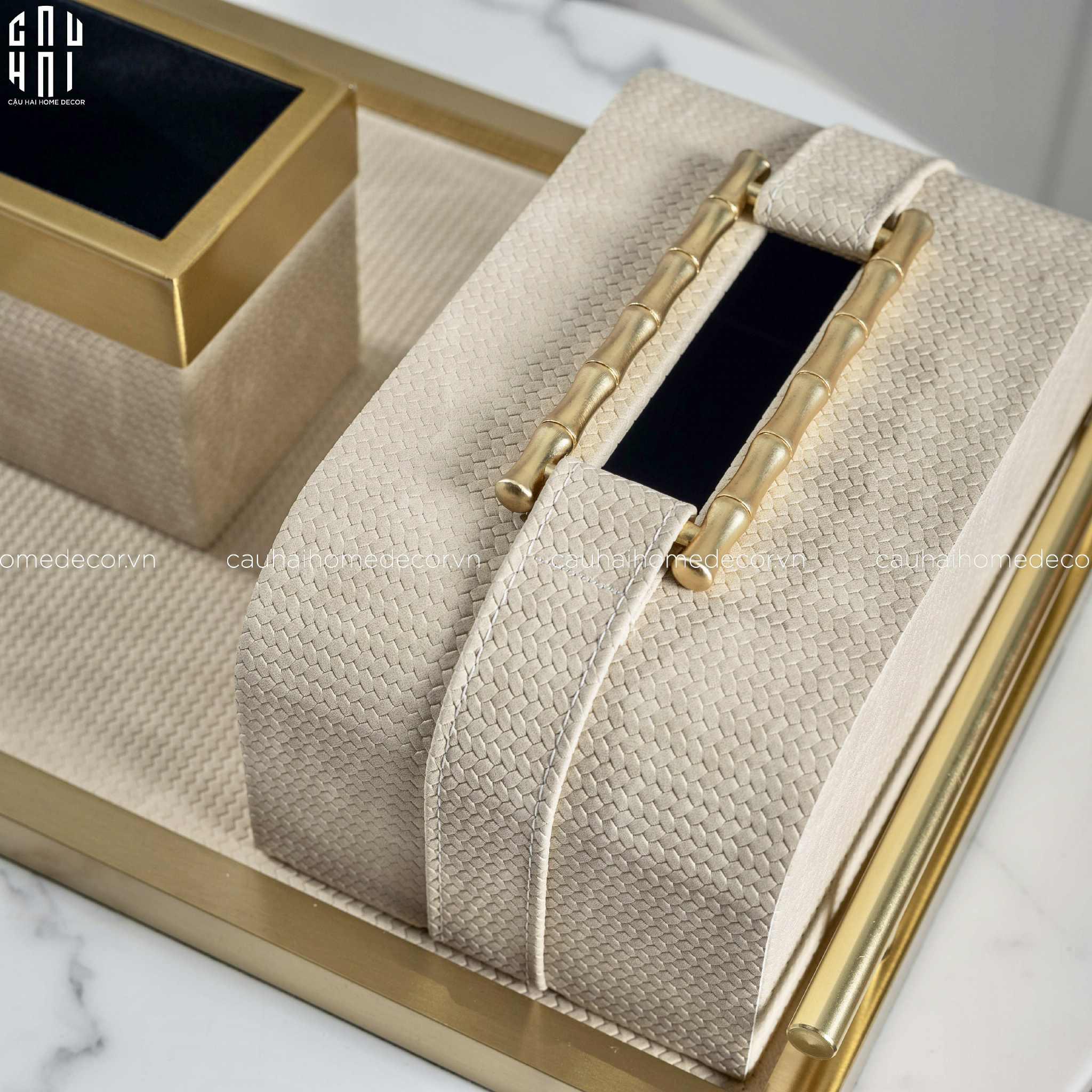 Home Couture - Hộp Khăn Giấy Gỗ Sồi Bamboo Saddles - Savoir / Ivoire - CẬU HAI HOME DECOR