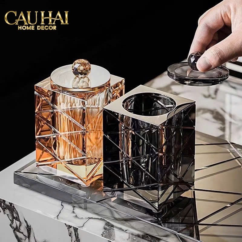 Home Couture - Lọ Tăm Bông Pha Lê Lumière Cannage Facetté Diamant Vanity - CẬU HAI HOME DECOR