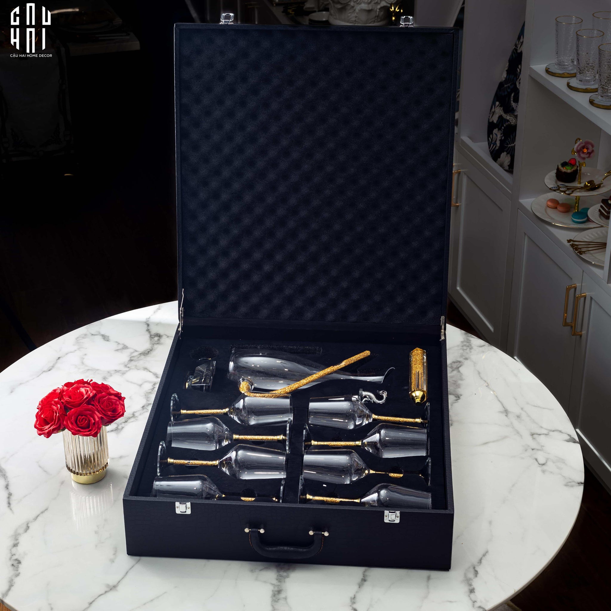 Home Couture - Set Bình Decanter Ritz - Carlton Leather Box 8 Ly 430Ml - CẬU HAI HOME DECOR