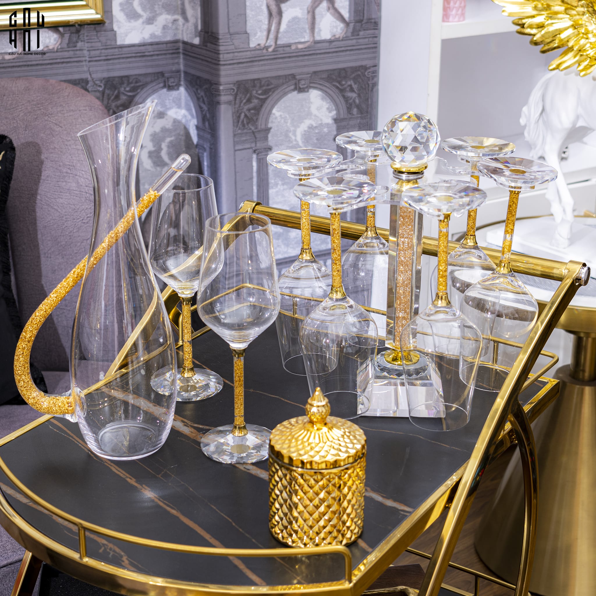 HOME COUTURE - SET BÌNH RƯỢU RITZ - CARLTON - LEATHER BOX 8 GLASSES 430ML SS25 - CẬU HAI HOME DECOR