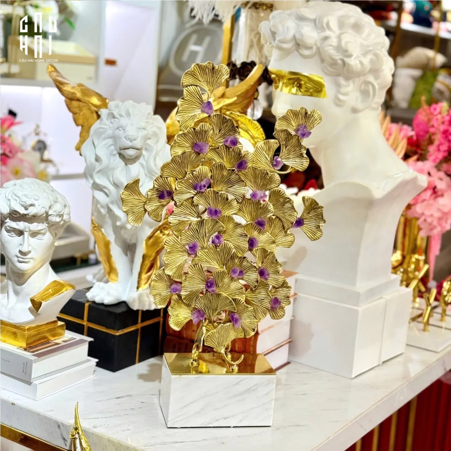 HOME COUTURE - TƯỢNG ĐỒNG LÁ RẺ QUẠT ĐÁ QUÝ - JEWELRY GINKGO