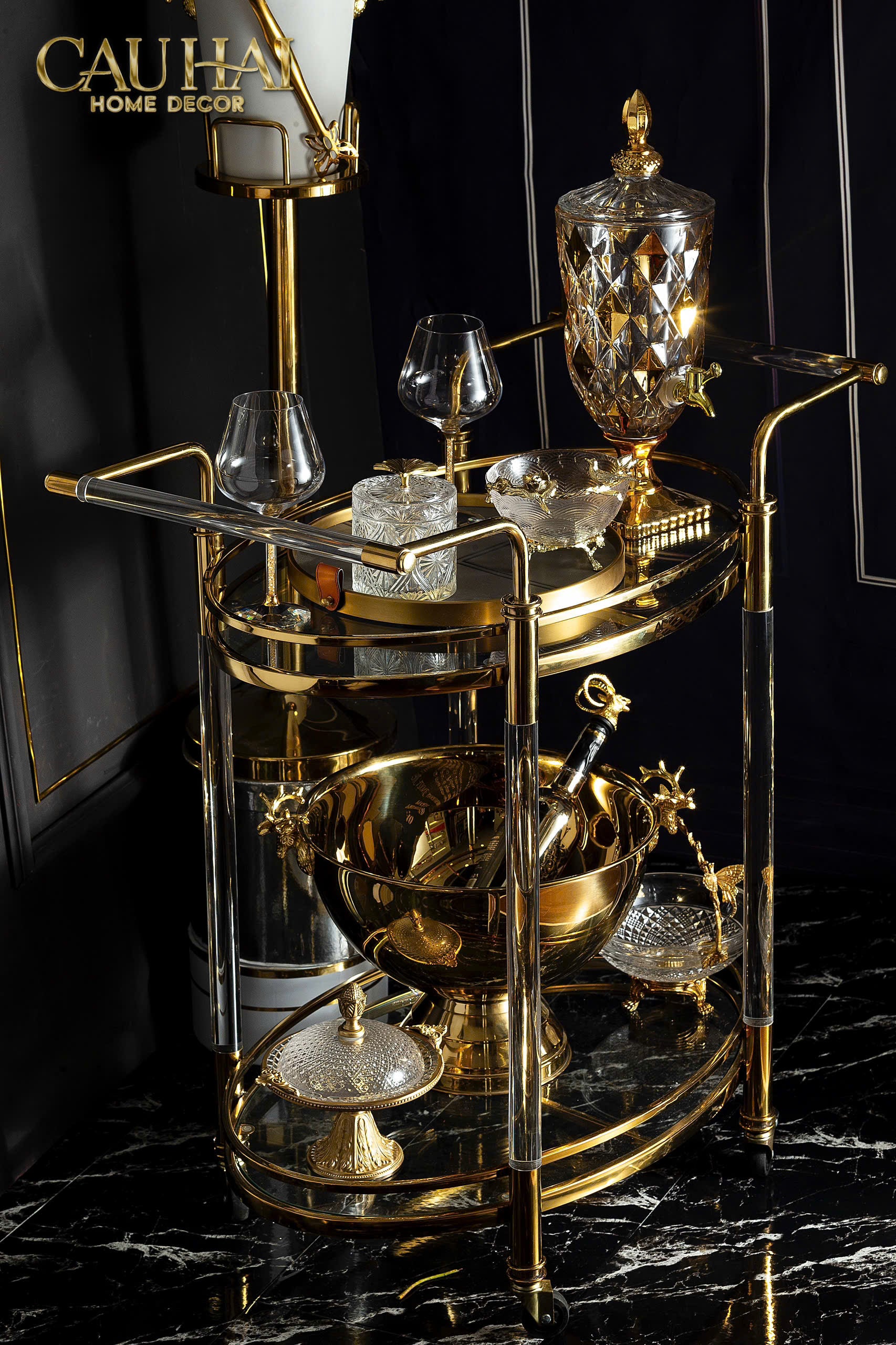 Home Couture - Xe Bar Cart Golden Lucid Acrylic Lumière Stemware - CẬU HAI HOME DECOR
