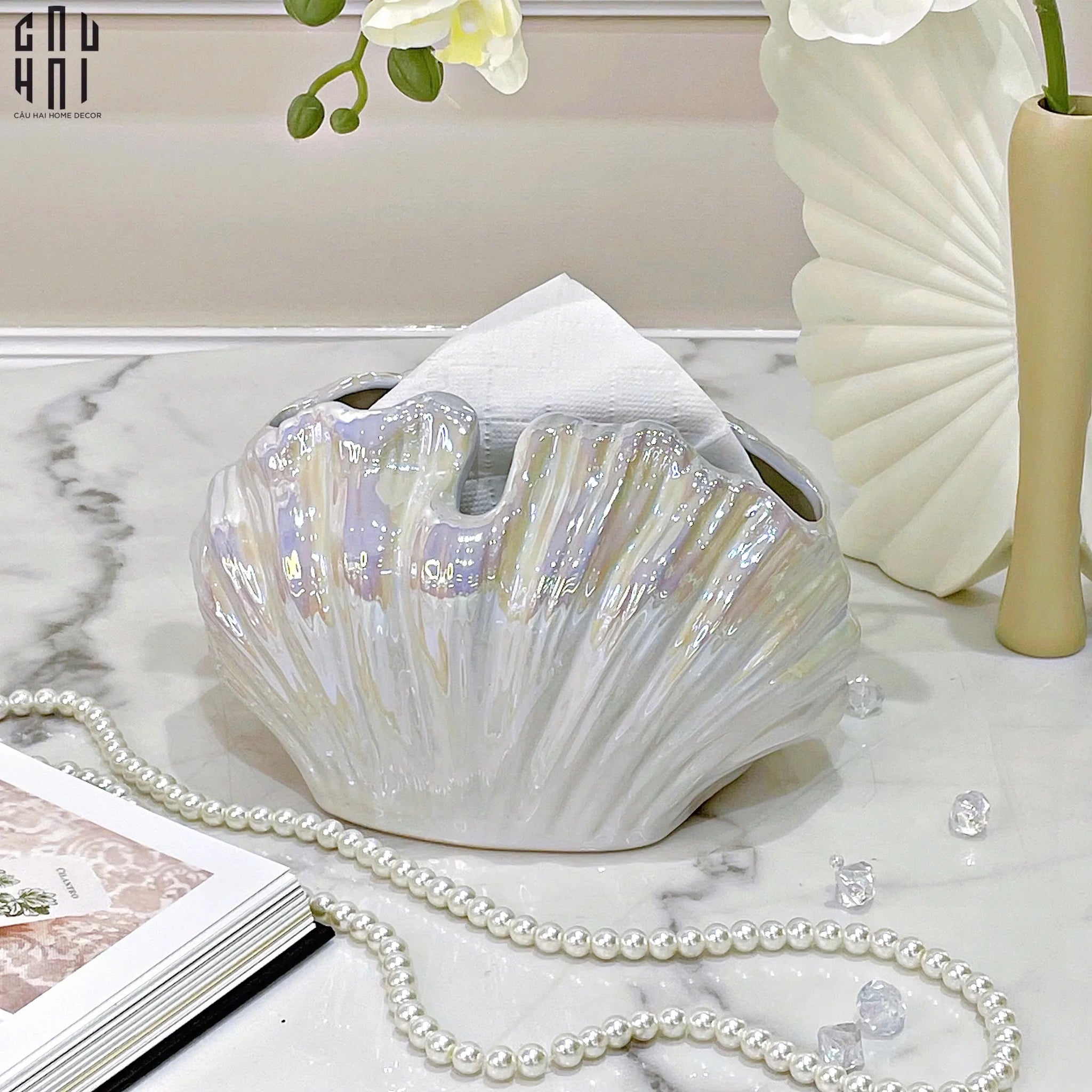 HỘP KHĂN GIẤY CERAMIC WHITE SEASHELL