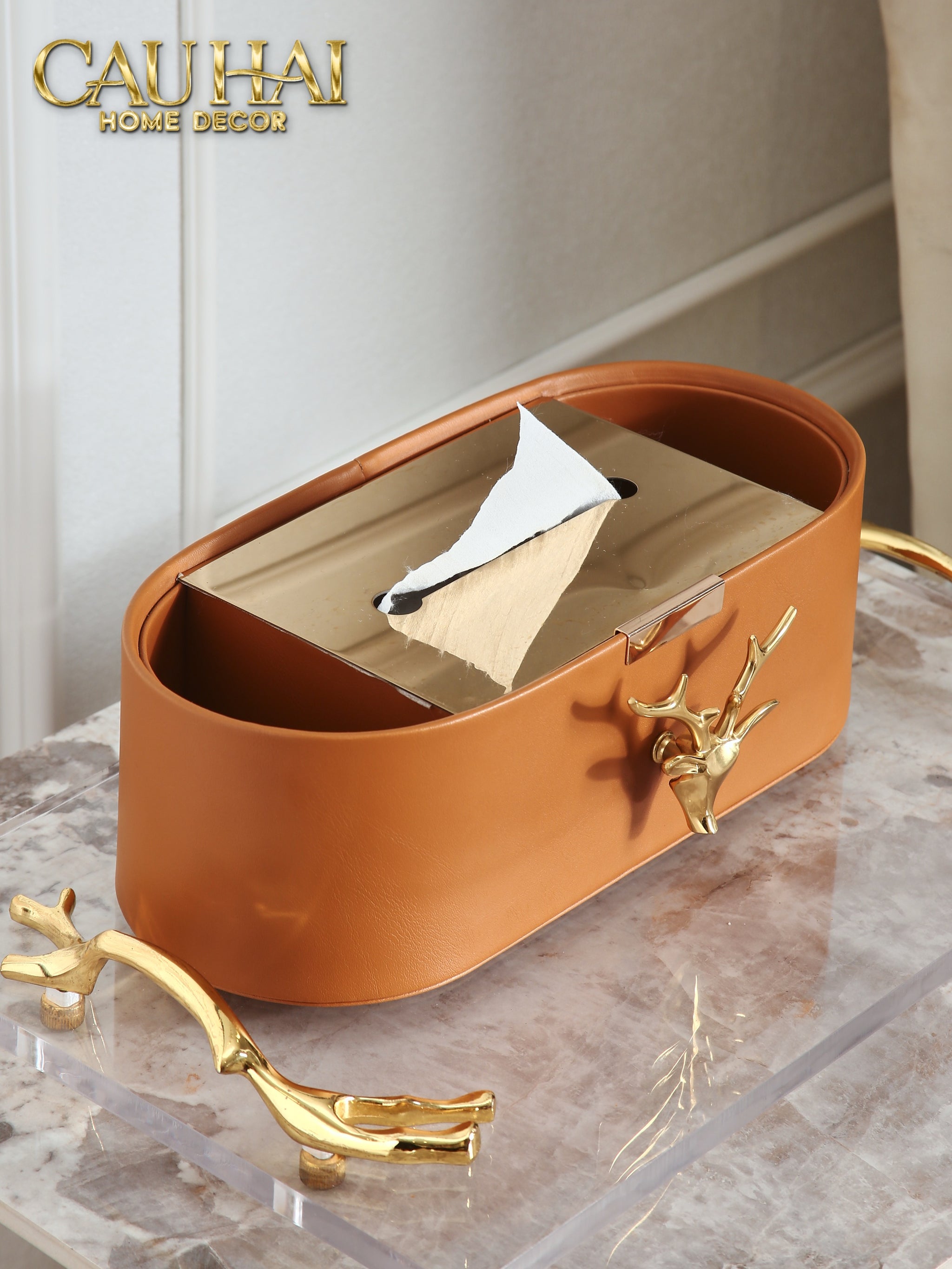 Hộp Khăn Giấy Da Golden Alley Antler Leather - CẬU HAI HOME DECOR