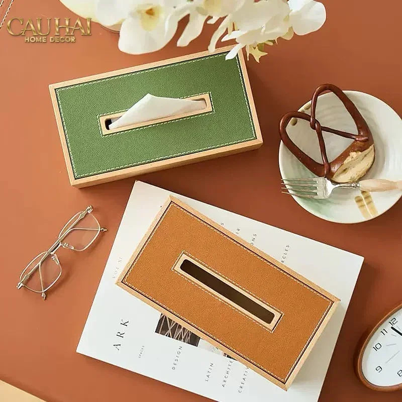 Hộp Khăn Giấy Gỗ Bọc Da Ethan Signature Atélier Luxe Leather - Vert Olive 13x25-HỘP KHĂN GIẤY-CẬU HAI HOME DECOR