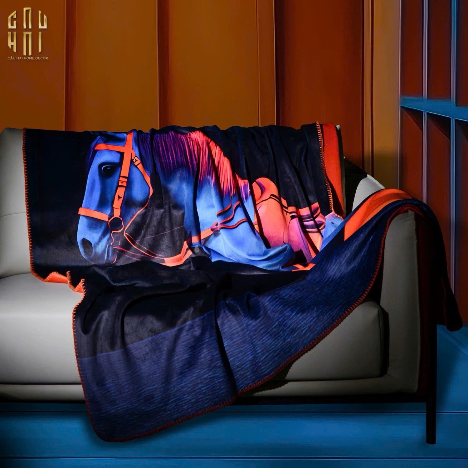 IMPERIAL SIGNATURE - CHĂN SOFA NHUNG MARINE STALLION BLUE VELVET BLANKET - 150X150-CẬU HAI HOME DECOR-1
