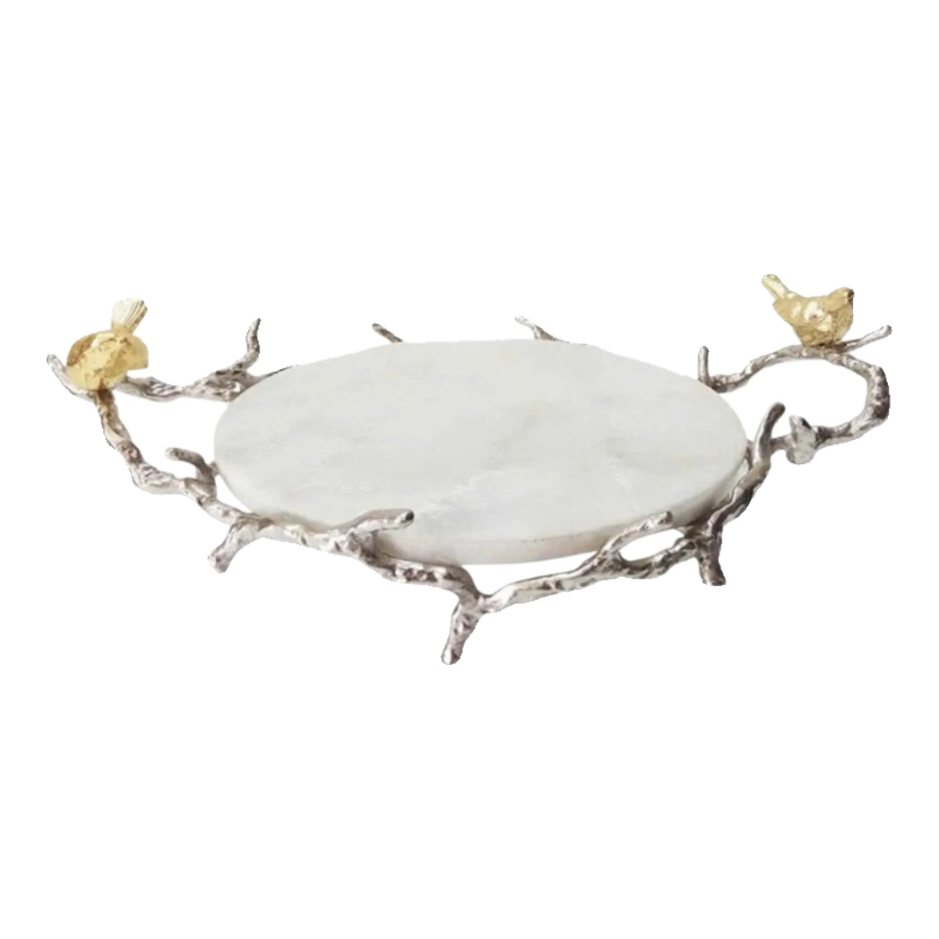 Maison Couture Elysian - Khay Tròn Bằng Đồng Mạ Bạc Đá Cẩm Thạch Imperium Empire Elysian Platinum   14x33x50