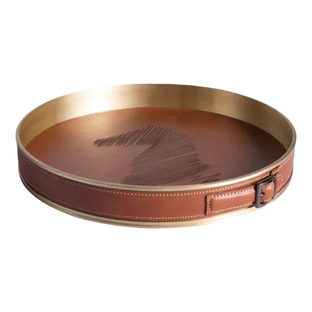 Maison Couture - Khay Da Tròn Dây Cương Da -  Saddle Belt Équestre Héritage Decorative Trays 36x8