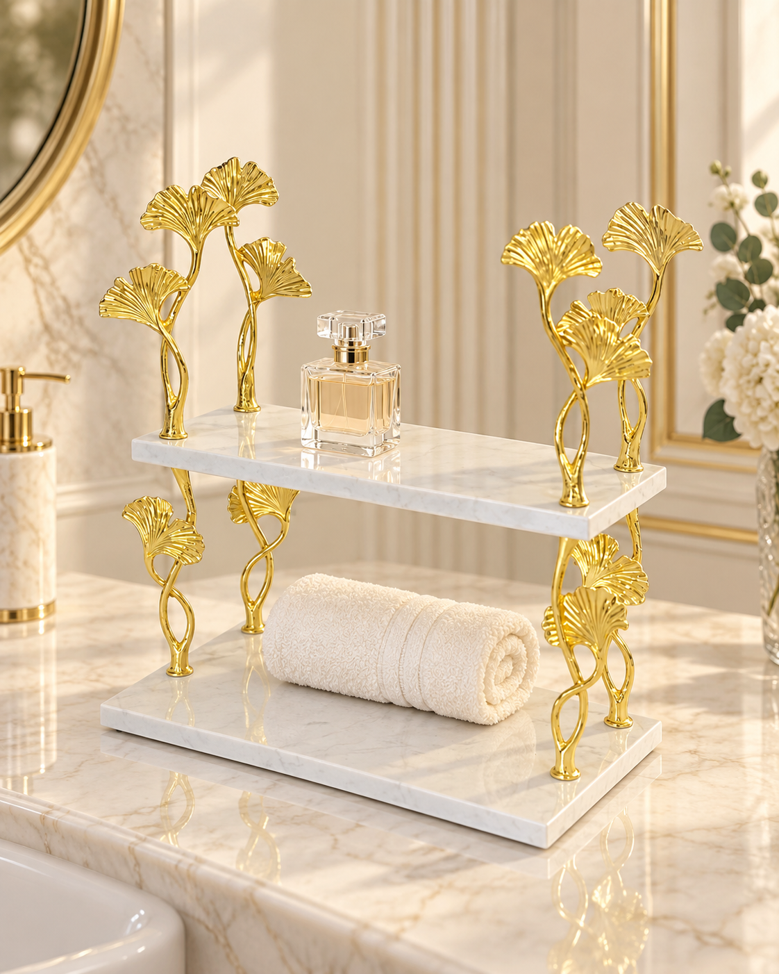 Kệ đá marble 2 tầng Ginkgo Atelier D'Or trong không gian cao cấp