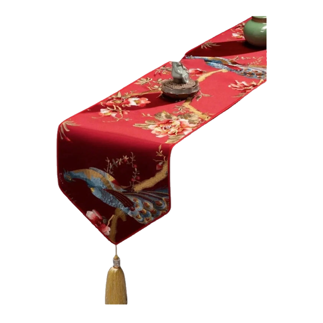 Tết Couture - Khăn Trải Bàn Lụa Thêu Chu Tước 2m4 Luxury Embroidered Silk Table Runner