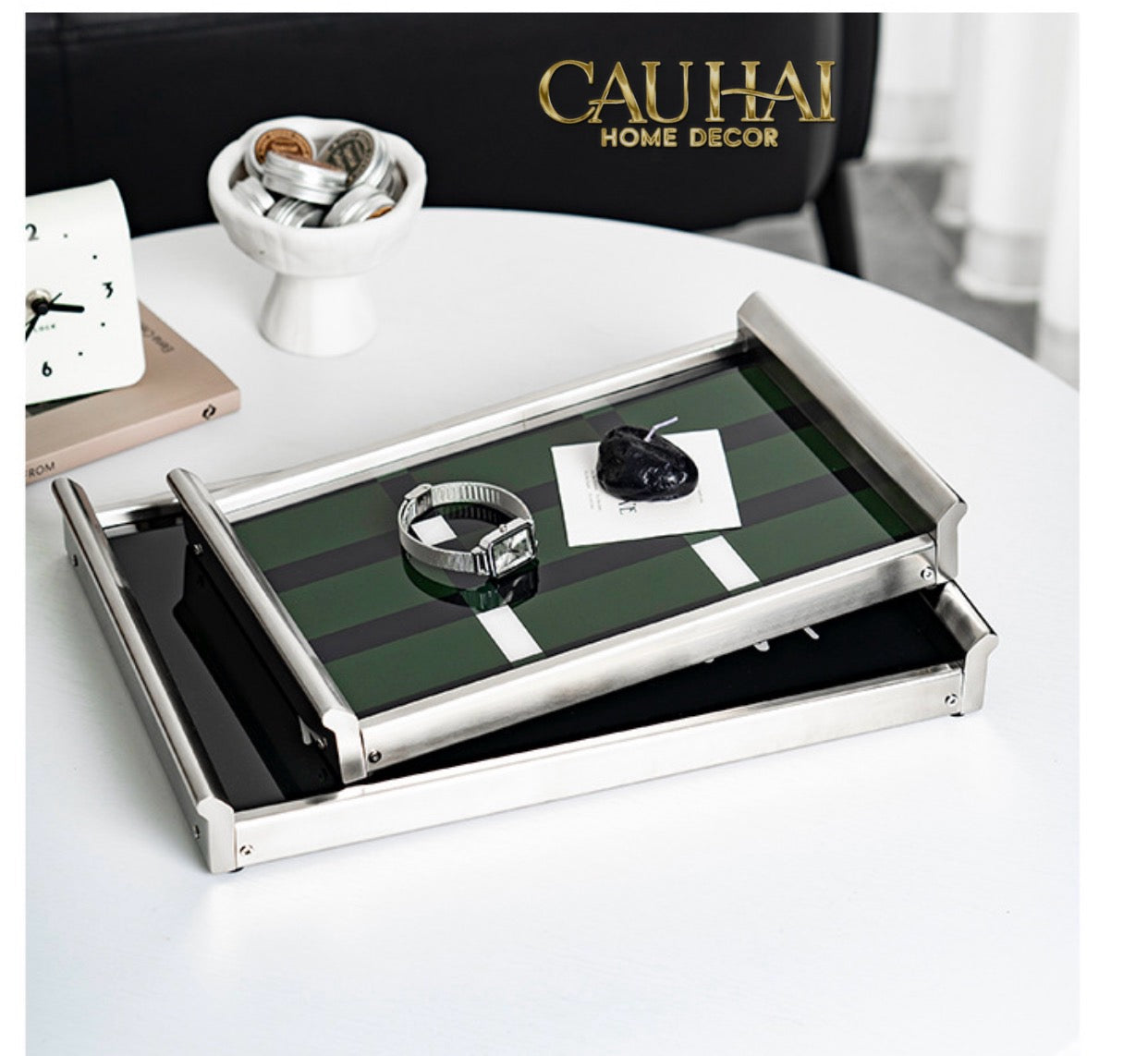 Khay Chữ Nhật Mặt Acrylic Emerald Geometry Rectangular Decorative Trays 25.8x37.2x4.3