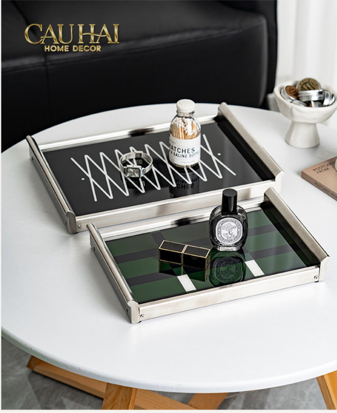 Khay Chữ Nhật Mặt Acrylic Emerald Geometry Rectangular Decorative Trays 25.8x37.2x4.3