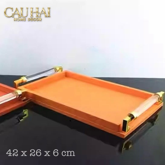 Khay Da Amber Touch Acrylic Handles Signature Sienna Leather Trays 42x26cm-CẬU HAI HOME DECOR