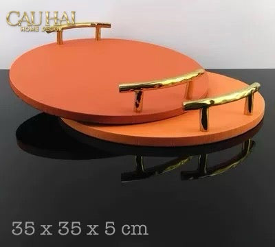 Khay Da Tròn Eclipse Tangerine Luxe Leather Tray D35 x 5.5-CẬU HAI HOME DECOR
