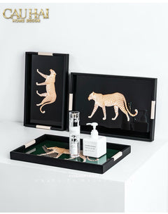 Khay Gỗ Chữ Nhật Đen Hoạ Tiết Báo Đốm Ecartier - Noir Leopard Decorative Trays 38.4x26x3-CẬU HAI HOME DECOR