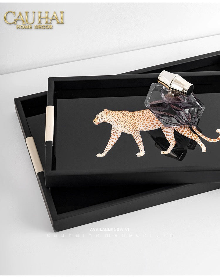 Khay Gỗ Chữ Nhật Đen Hoạ Tiết Báo Đốm Ecartier - Noir Leopard Decorative Trays 38.4x26x3-CẬU HAI HOME DECOR