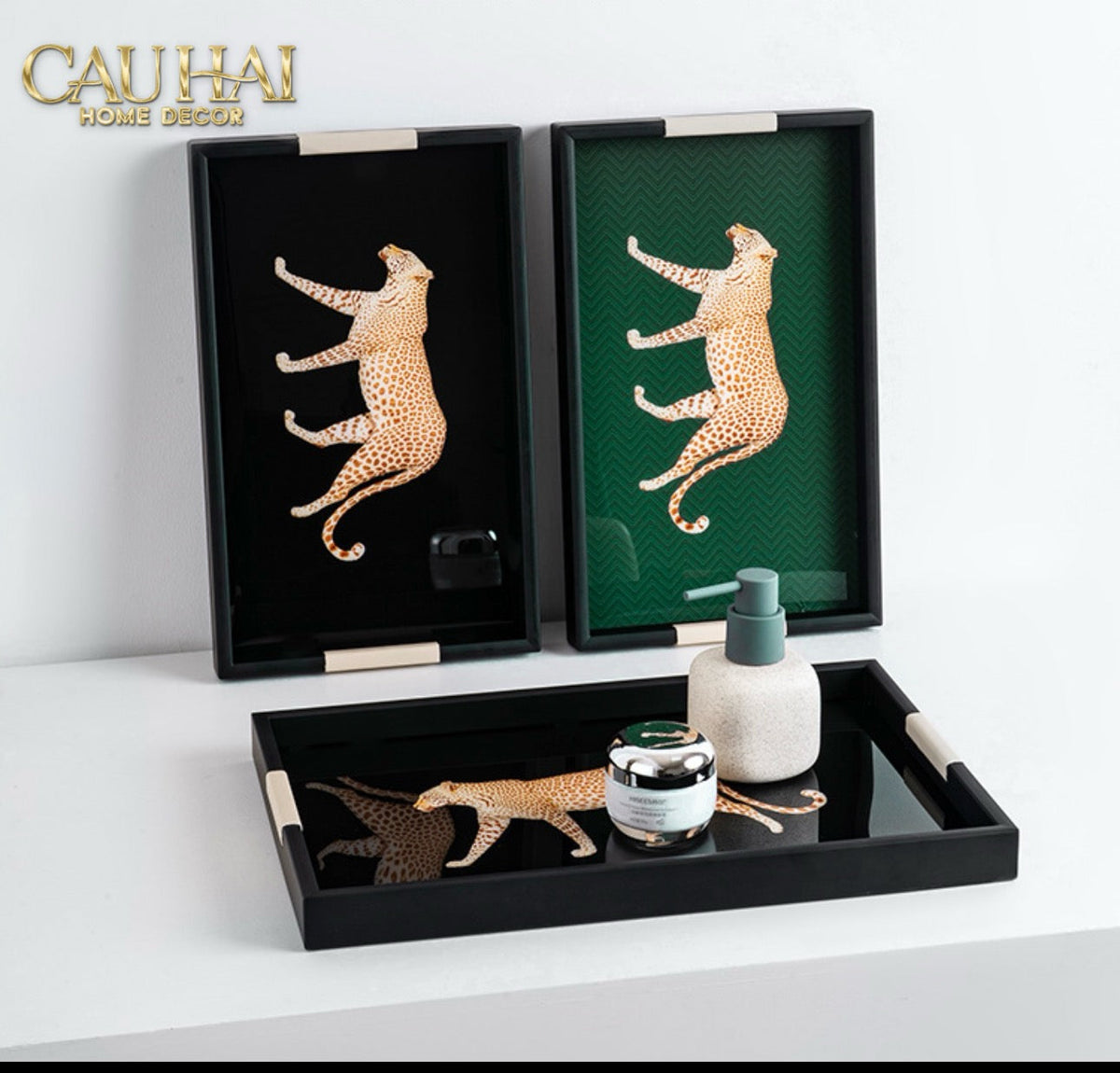 Khay Gỗ Chữ Nhật Đen Hoạ Tiết Báo Đốm Ecartier - Noir Leopard Decorative Trays 38.4x26x3-KHAY TRANG TRÍ-CẬU HAI HOME DECOR-CẬU HAI HOME DECOR