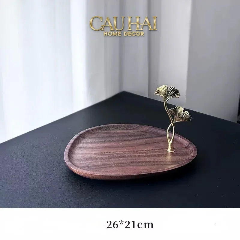 Khay Oval Gỗ Óc Chó Lá Ngân Hạnh Ginkgo Walnut Decoratives Trays 21x26-CẬU HAI HOME DECOR