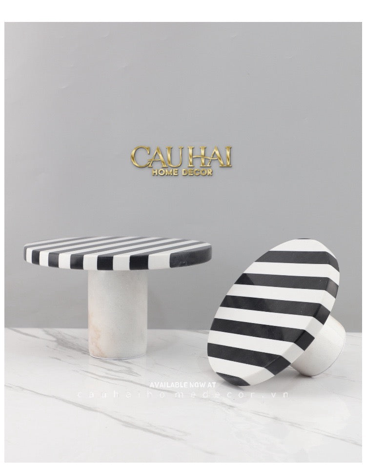Khay Tròn Đế Bánh Đá Marble  - Rayé Reflexion Blanc Noir Marble Cake Stand Display Trays 20x10 25x15
