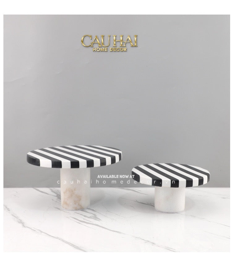 Khay Tròn Đế Bánh Đá Marble  - Rayé Reflexion Blanc Noir Marble Cake Stand Display Trays 20x10 25x15