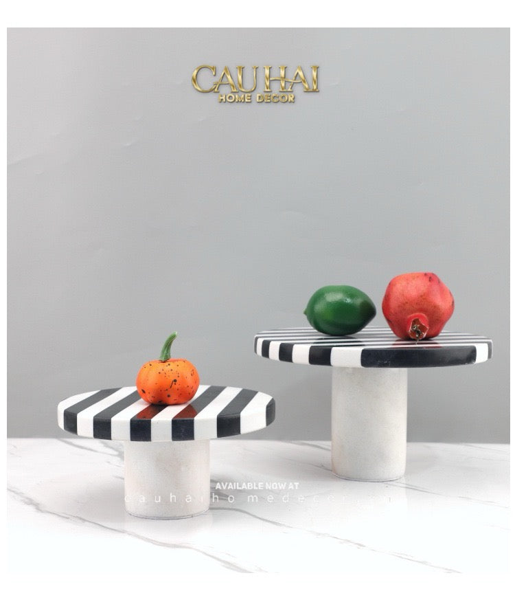 Khay Tròn Đế Bánh Đá Marble  - Rayé Reflexion Blanc Noir Marble Cake Stand Display Trays 20x10 25x15