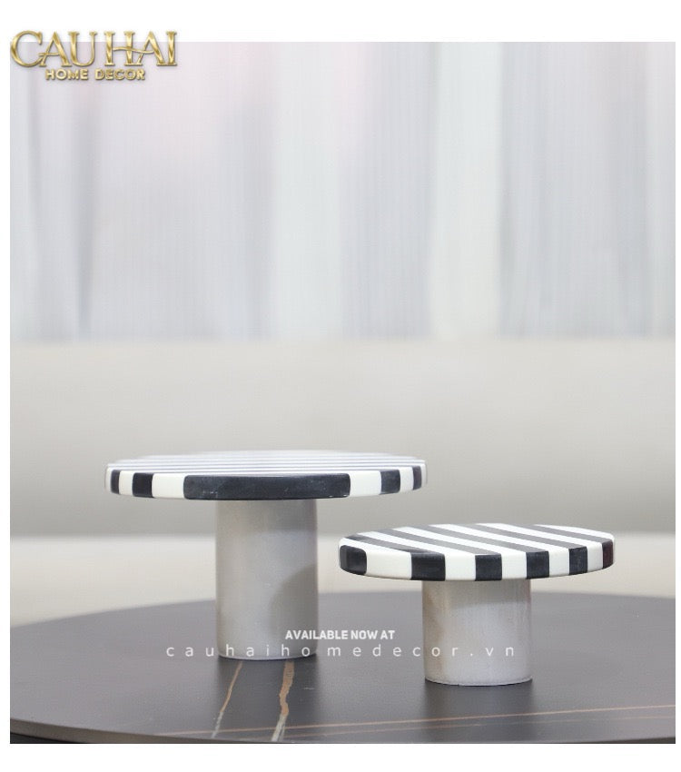 Khay Tròn Đế Bánh Đá Marble  - Rayé Reflexion Blanc Noir Marble Cake Stand Display Trays 20x10 25x15