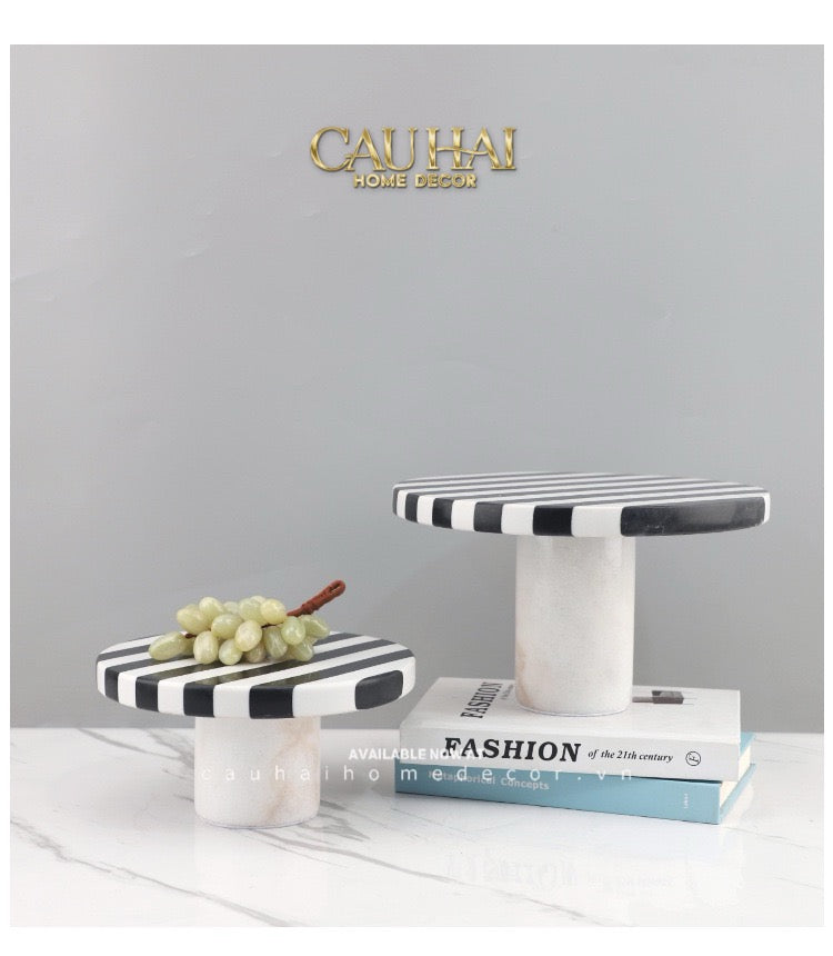 Khay Tròn Đế Bánh Đá Marble  - Rayé Reflexion Blanc Noir Marble Cake Stand Display Trays 20x10 25x15