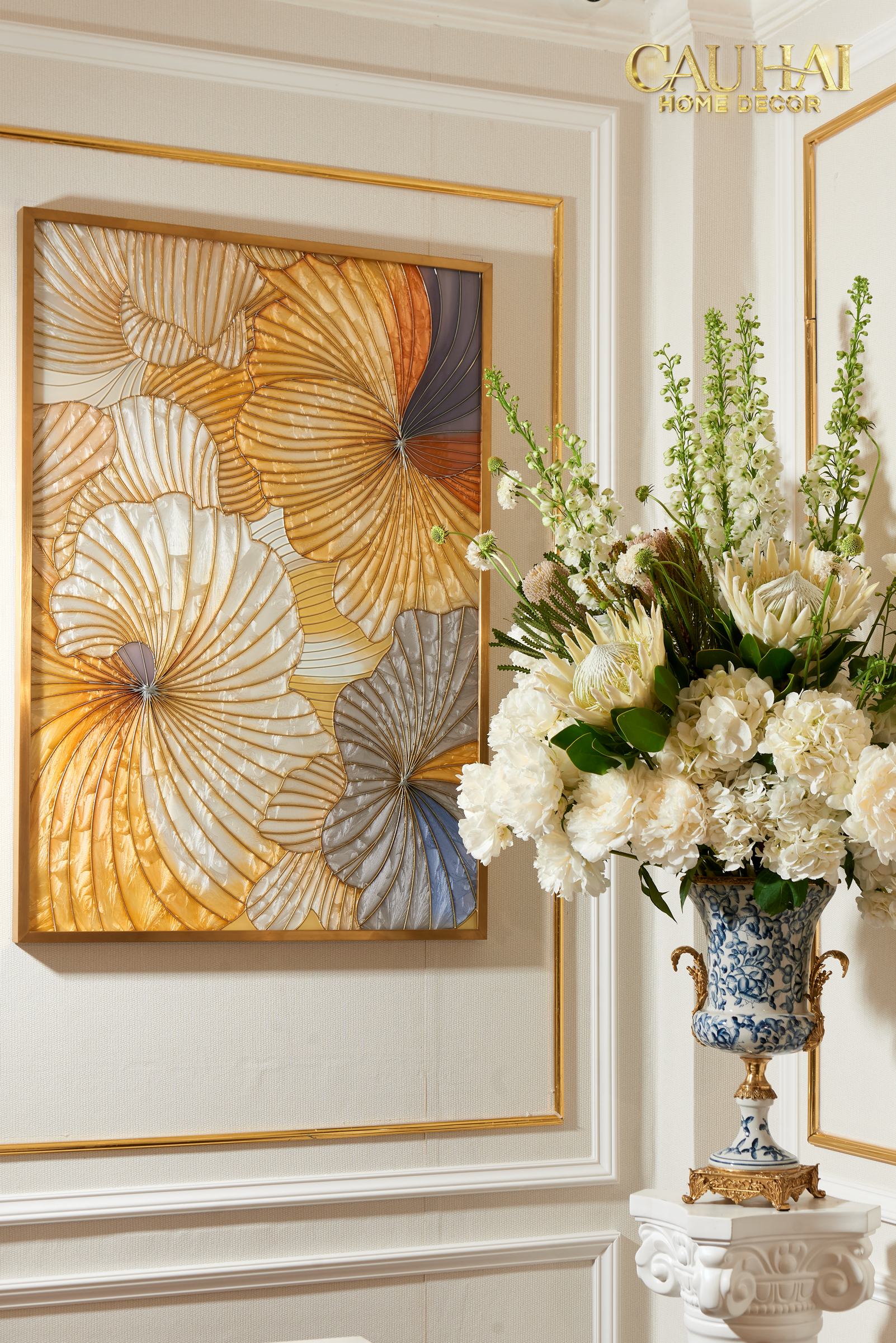 Maison Couture - Enamelled Glass Mosaic Artwork, Handcrafted Frame, Stainless Steel Frame, Gilded Prism Enamel - Ginkgo Era 70x100