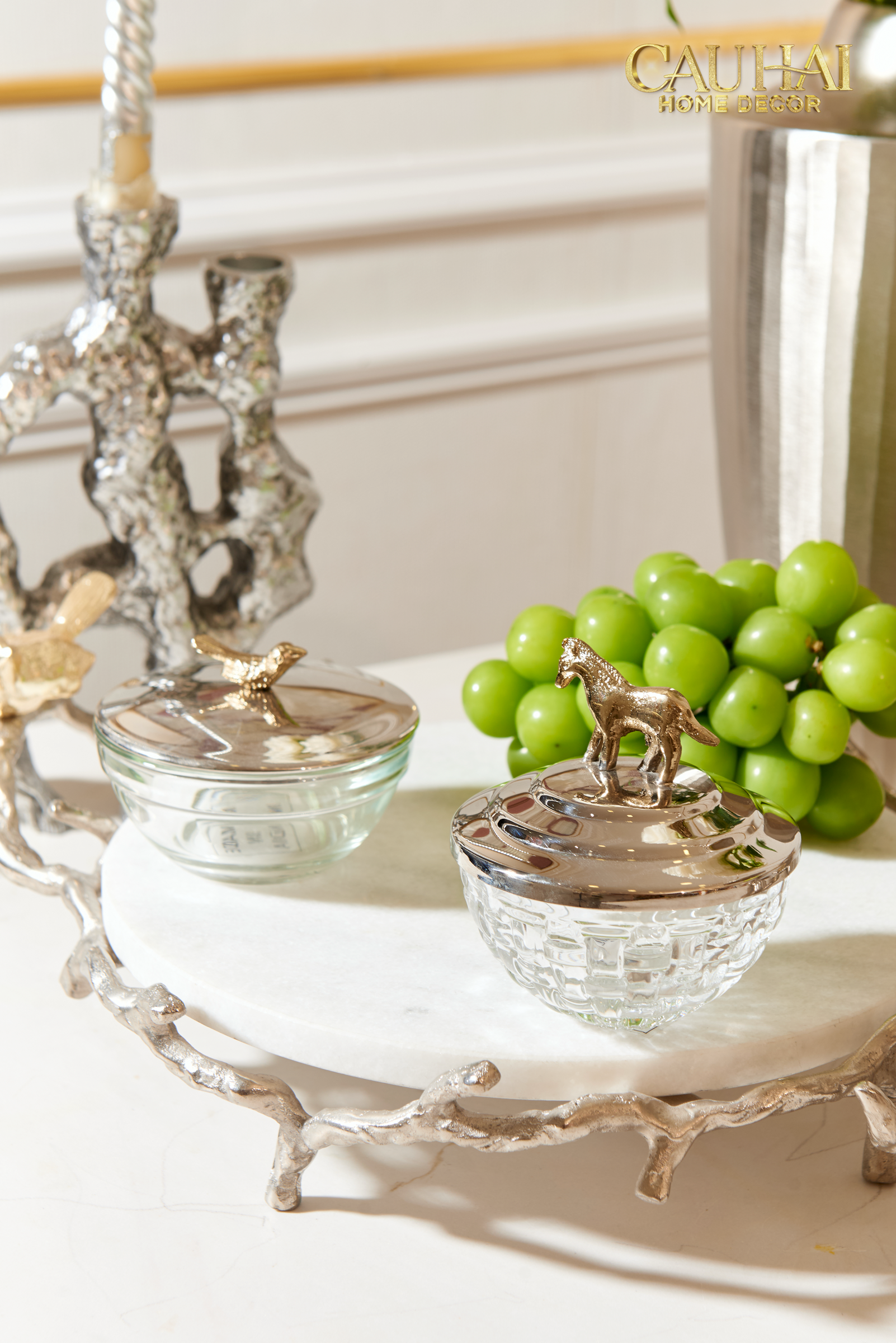 Maison Couture Elysian - Imperium Empire Elysian Platinum Silver Plated Marble Round Tray 14x33x50