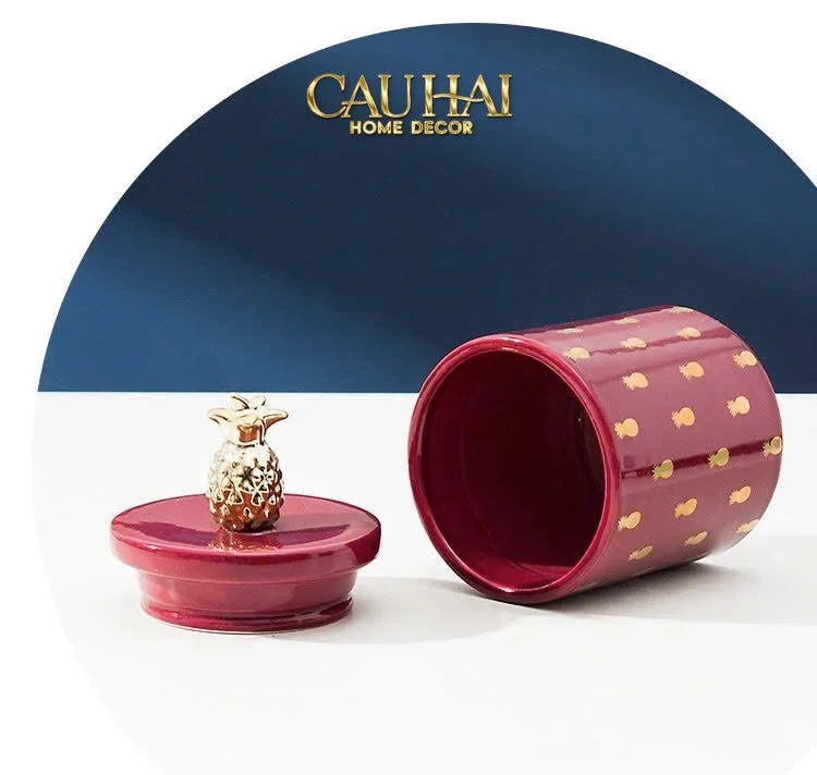 Lọ Kẹo Gốm Sứ Holiday Seasons Golden Fêtes Art Canister 8.5x14-TRANG TRÍ GIÁNG SINH-Đối tác tại Trung Quốc theo từng đơn đặt hàng-CẬU HAI HOME DECOR