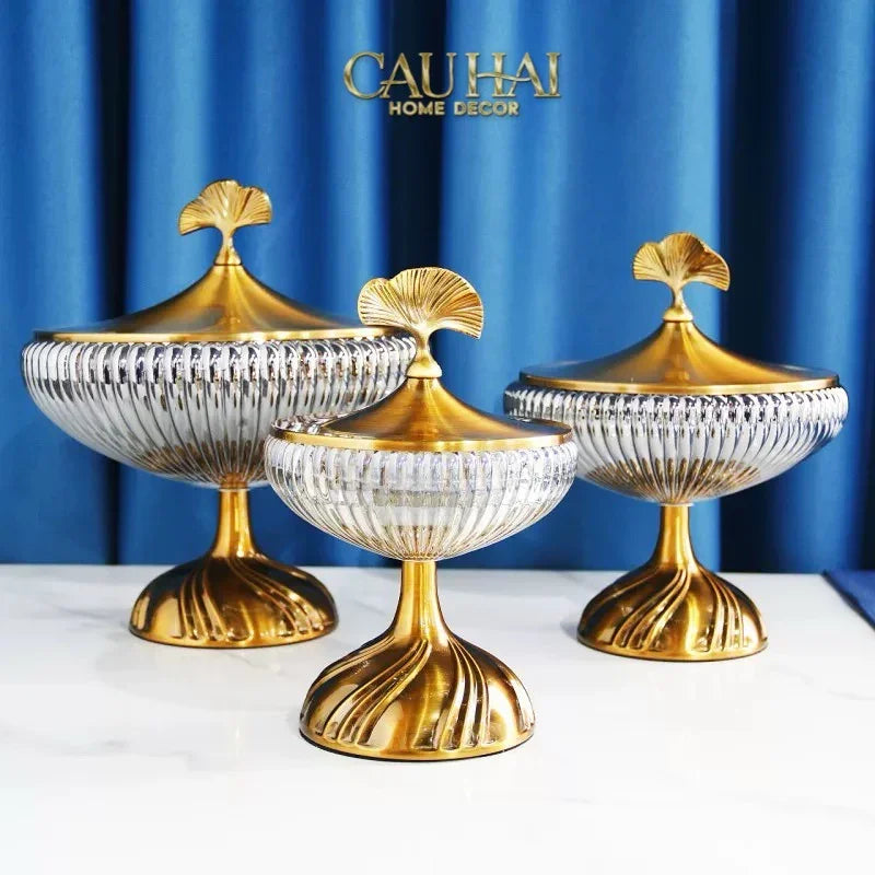 Lọ Kẹo Thuỷ Tinh Chân Cao Golden Ginkgo Candy Bonbonnière 21x22.5-Lọ kẹo Canister Bonbonnière-CẬU HAI HOME DECOR